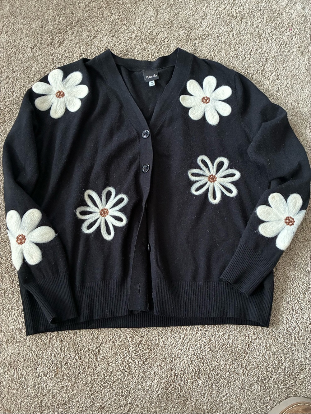 AVEDA Black Cardigan with White Daisy Appliqués